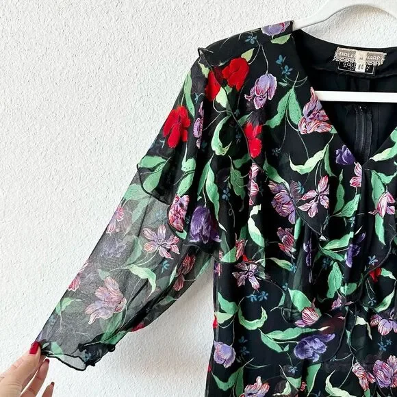 Vintage Holly Harp Ruffle Layered Tiered Floral Dress in Black Size Medium 80s - Picture 5 of 10